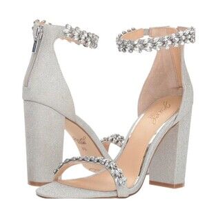 Jewel Badgley Mischka Mayra Ankle Strap Evening Shoe In Silver Sz 6 1/2 New WOT